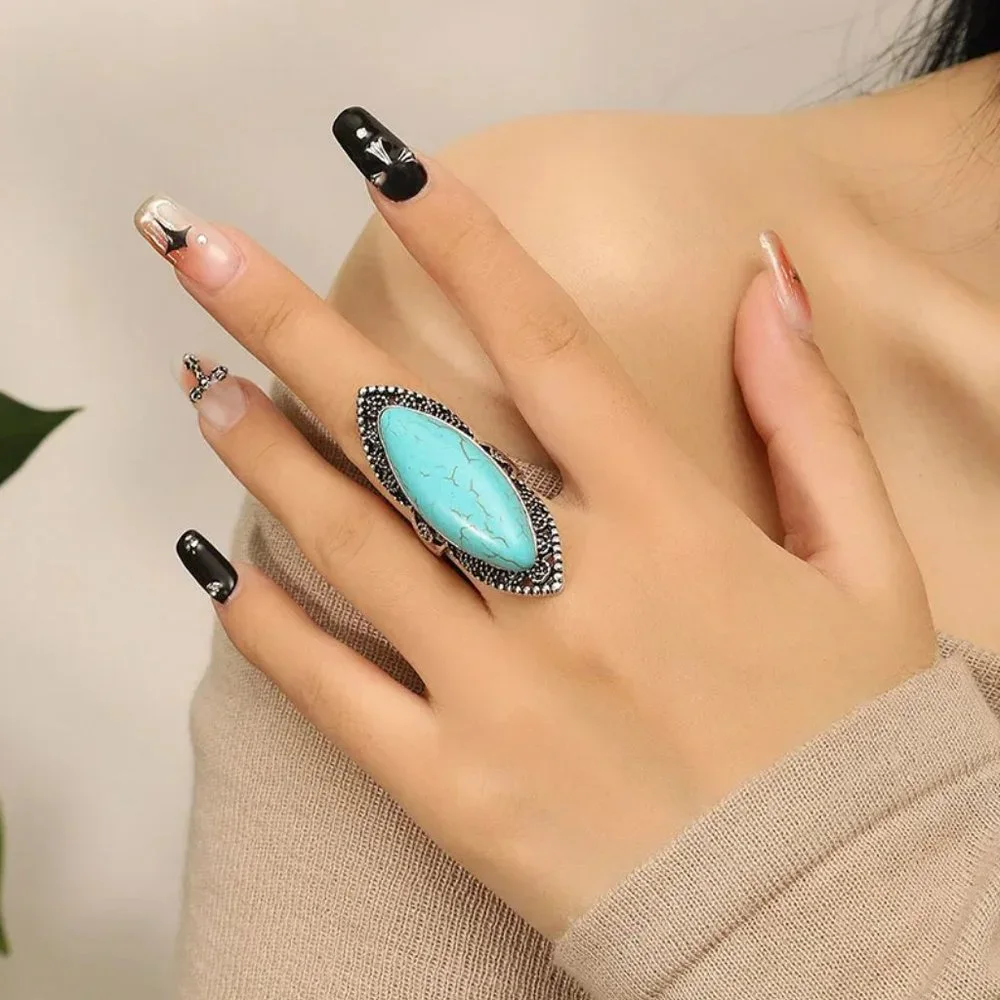 Western Southwestern Aged Silver & Turquoise Boho Statement Ring NEW - Picture 3 of 6